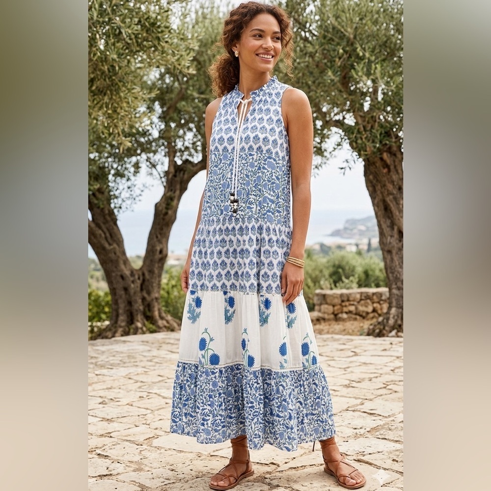 Chelsea & Theodore Womens White Blue Sleeveless Maxi Dress Size M Boho Floral